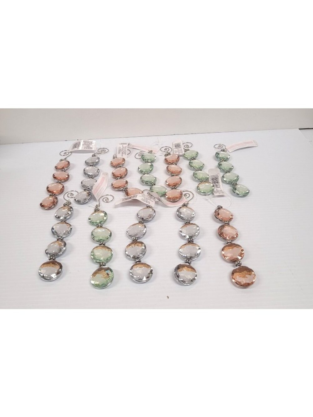 Ornaments Set 12 Pink Green Clear Crystal Silver Metal Linear Hanging Faceted